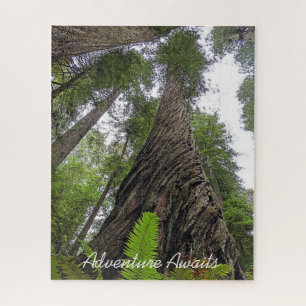Fern Reaching To Sky Along Redwood's Swirled Bark Jigsaw Puzzle
