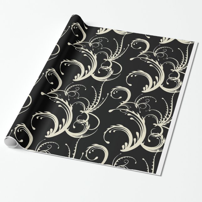 Fern & Tendril Swirls in Black & Cream Wrapping Paper (Unrolled)
