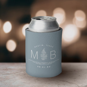 Fern Wedding Monogram   Dusty Blue Can Cooler