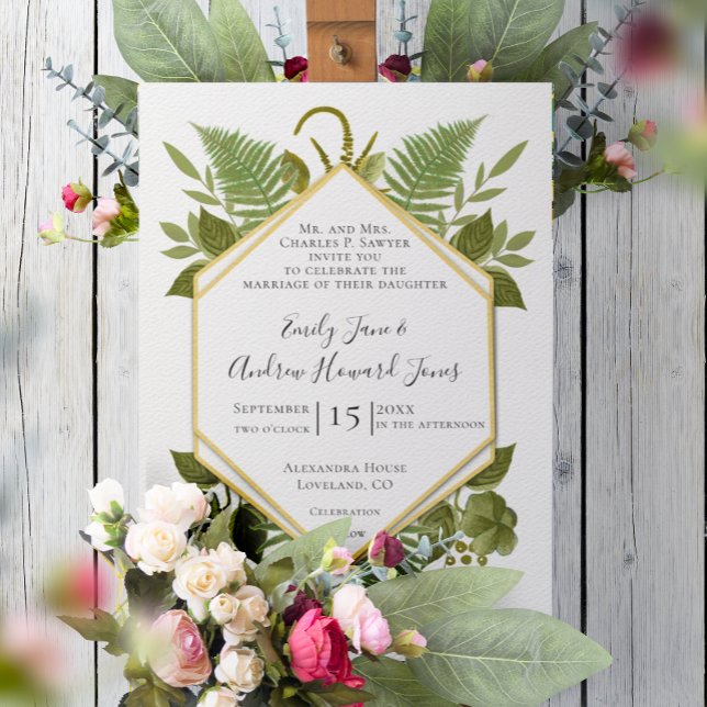 Ferns and Fauna White & Greenery Wedding Invitation (Creator Uploaded)