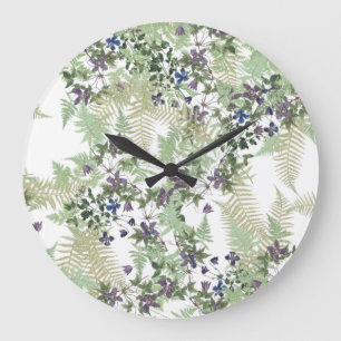 Ferns Clematis Vine Flowers Floral Wall Clock