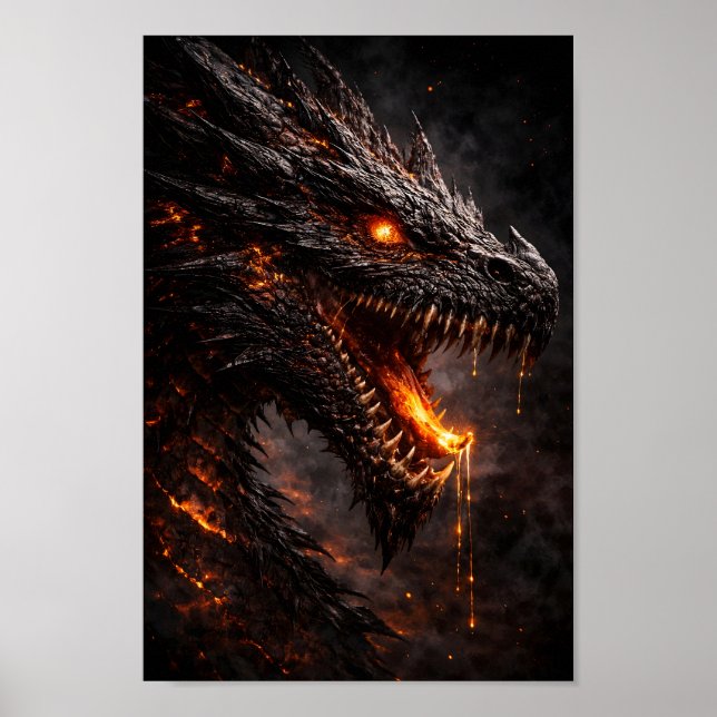 Ferocious Black Fire Dragon with Glowing Ember Eye Poster (Front)