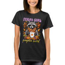 Ferral girl racoon drinking pumpkin coffee 