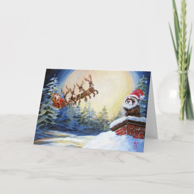 Ferret and Santa With Sleigh Holiday Card (Front)