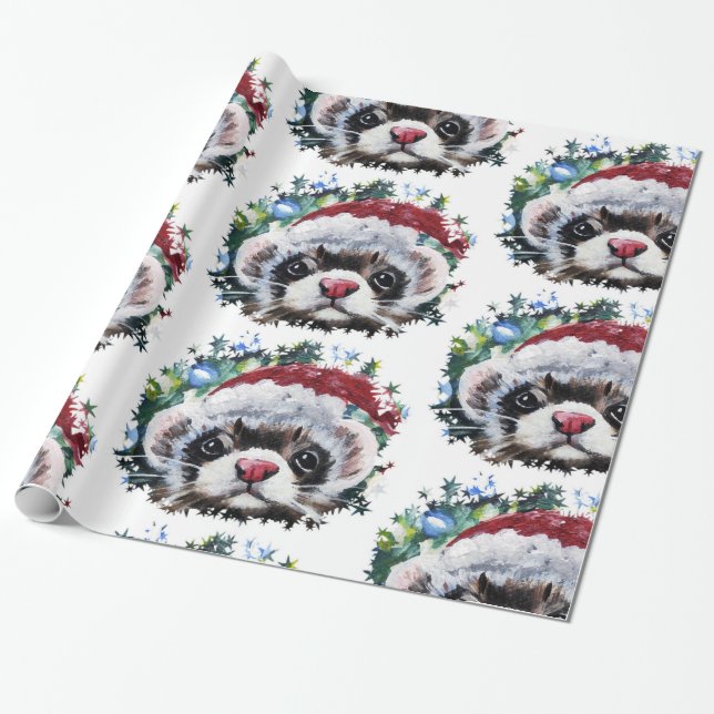 Ferret & Santa Hat Christmas wrapping paper (Unrolled)
