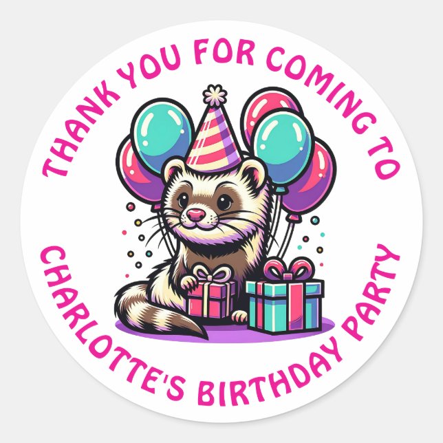 Ferret Themed Girl's Birthday Party Personalised Classic Round Sticker (Front)
