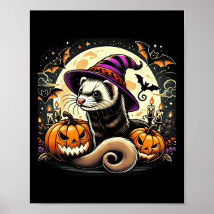 Ferret Witch Halloween - Spooky Pumpkin Bats Art Poster
