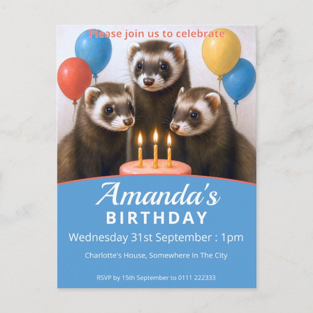 Ferrets Birthday Party Invitation Postcard (Front)