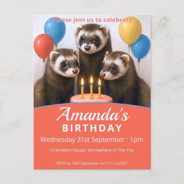 Ferrets Birthday Party Invitation Postcard (Front)