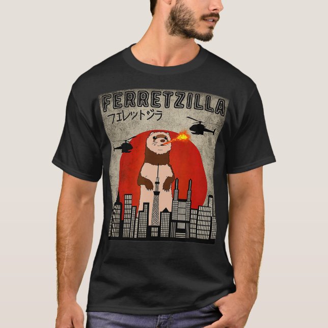 Ferretzilla Vintage Funny Ferret Japanese Sunset T-Shirt (Front)