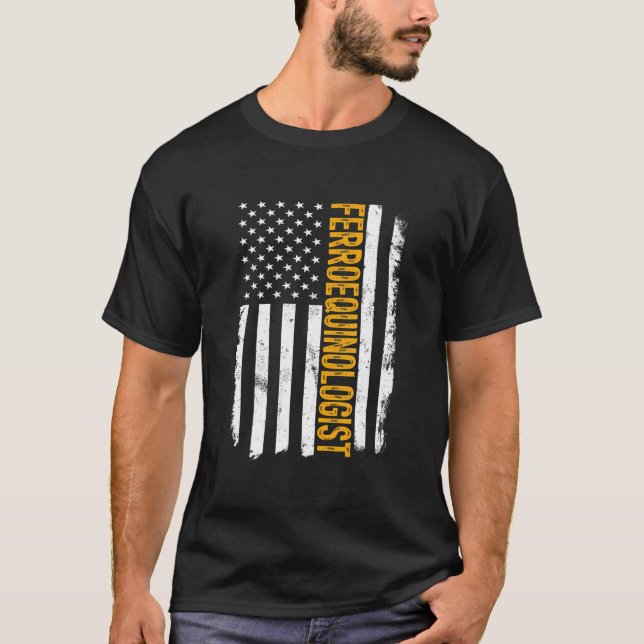Ferroequinologist American Flag Train Buff Railfan T-Shirt (Front)
