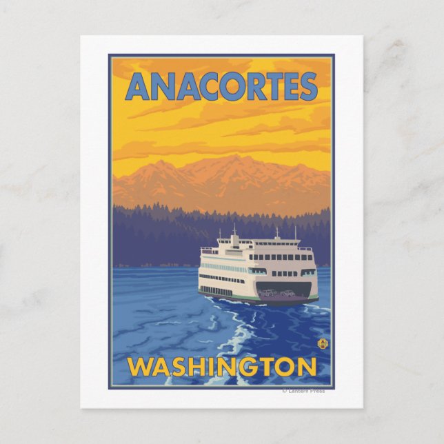 Ferry and Mountains - Anacortes, Washington Postcard (Front)