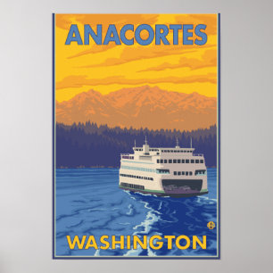Ferry and Mountains - Anacortes, Washington Poster