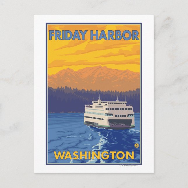 Ferry and Mountains - Friday Harbour, Washington Postcard (Front)