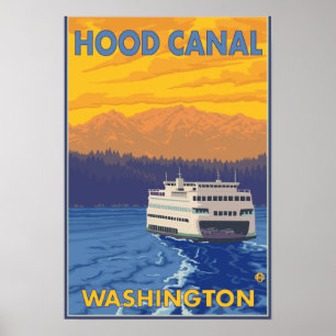 Ferry and Mountains - Hood Canal, Washington Poster