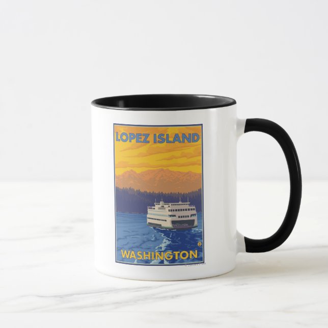 Ferry and Mountains - Lopez Island, Washington Mug (Right)