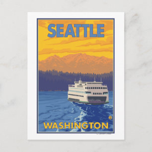 Ferry and Mountains - Seattle, Washington Postcard