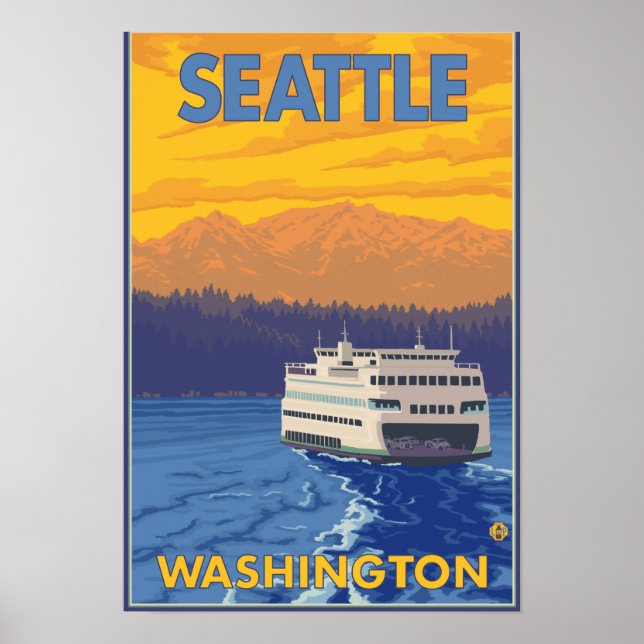 Ferry and Mountains - Seattle, Washington Poster (Front)