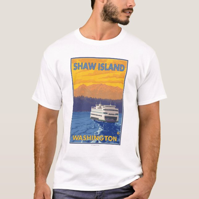 Ferry and Mountains - Shaw Island, Washington T-Shirt (Front)
