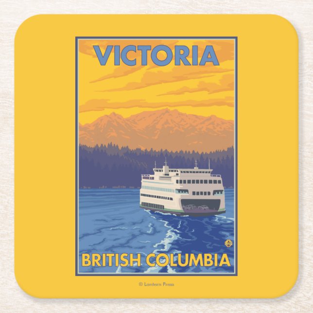 Ferry and Mountains - Victoria, BC Canada Square Paper Coaster (Front)