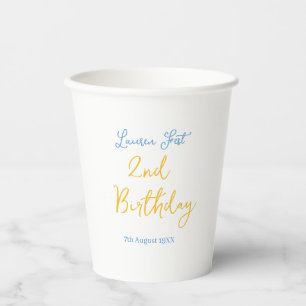 fest 2nd birthday name date yellow blue boho kids paper cups