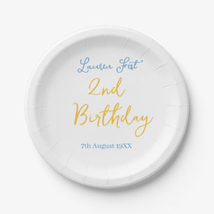 fest 2nd birthday name date yellow blue boho kids  paper plate