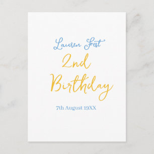 fest 2nd birthday name date yellow blue boho kids postcard