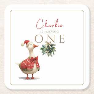 Fest Winter Birthday One Silly Christmas Goose  Square Paper Coaster