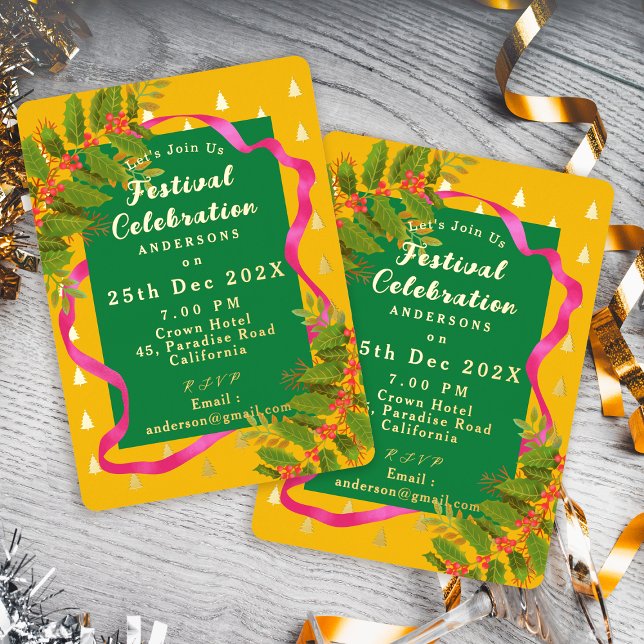 Festival Celebration Christmas Yellow Green (Festival Celebration Christmas Yellow Green Foil Invitation)