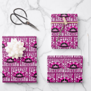 Festival Dreaming Vintage Retro Pink-Black + pink Wrapping Paper Sheet
