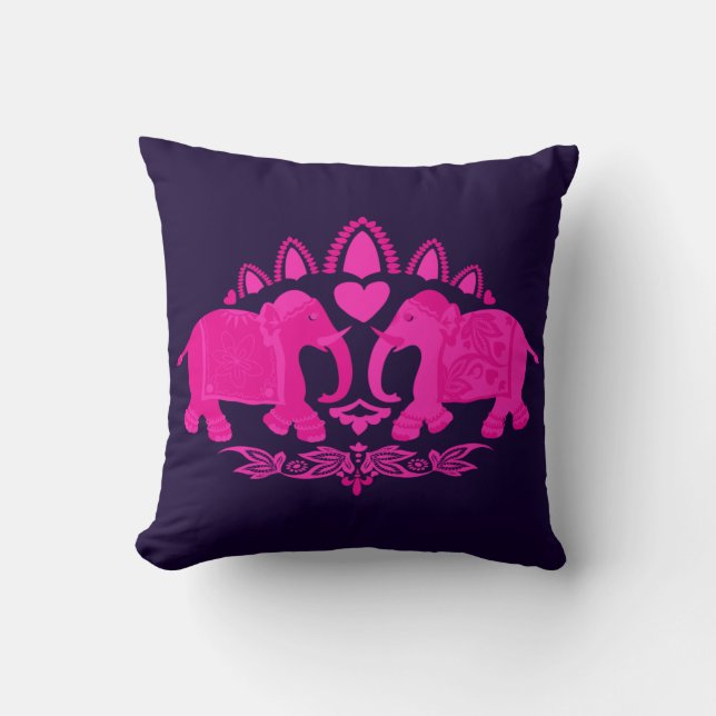 Festival Elephants Pink Blue Decorative Cushion (Front)