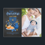 Festival Menorah Chalkboard Happy Hanukkah Photo Holiday Postcard<br><div class="desc">Happy Hanukkah! Send Hanukkah beckah to family and friends with this customisable photo postcard. It features watercolor illustrations of Hanukkah symbols such as Hanukkiah or menorah,  sufganiyot,  olives and dreidel on a faux chalkboard background. Personalise by adding names and a photo.</div>