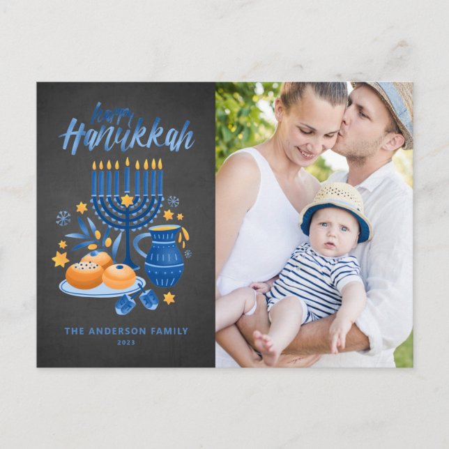 Festival Menorah Chalkboard Happy Hanukkah Photo Holiday Postcard (Front)
