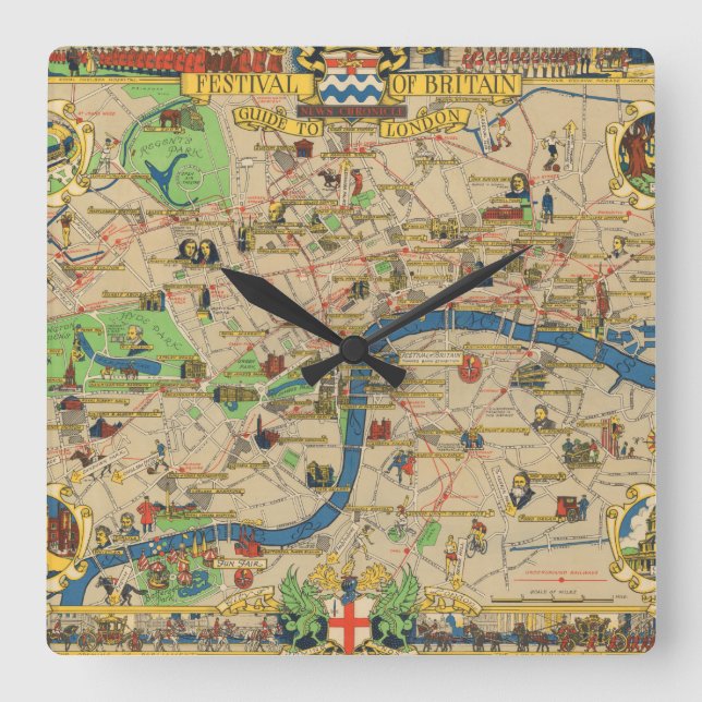 Festival of Britain: Guide to London Map Square Wall Clock (Front)