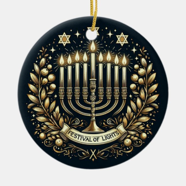 Festival of Lights Hanukkah Ceramic Ornament (Front)