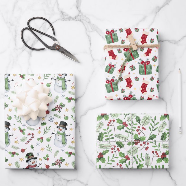 Festival Watercolor Christmas Snowman Wrapping Paper Sheet (Front)