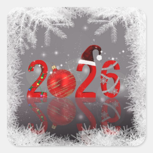 Festive 2026 Red Merry Christmas New Year Square Sticker (Front)