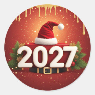 Festive 2027 New Year Design Red Gold Christmas Classic Round Sticker