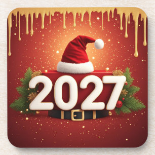 Festive 2027 New Year Design Red Gold Christmas Coaster