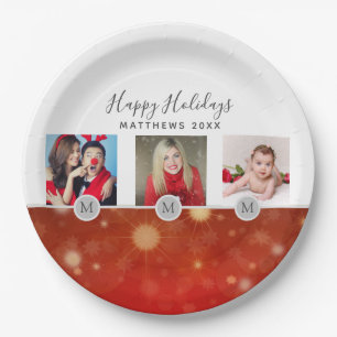 Festive 3 x PHOTO Collage Christmas Red Gold Paper Plate
