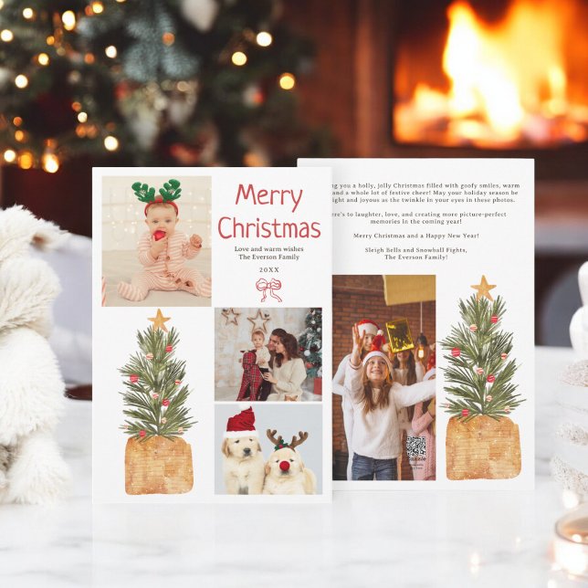 Festive 4 photos Family Watercolor Christmas Tree Holiday Card (Festive 4 photos Family Watercolor Christmas Tree Holiday Card)
