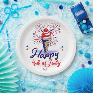 Festive 4th of July BBQ Ice Cream Cone Fireworks Paper Plate
