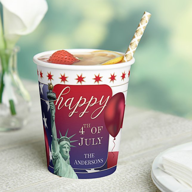 Festive 4th of July Independence Day Paper Cups (Festive paper cups featuring a USA flag with statue of liberty and stars and stripes - 4th of July)