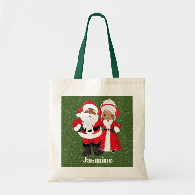 Festive African American Santa Mrs. Claus Tote Bag (Front)