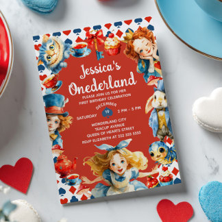 Festive Alice in ONEDERLAND 1st Birthday Tea Party Invitation