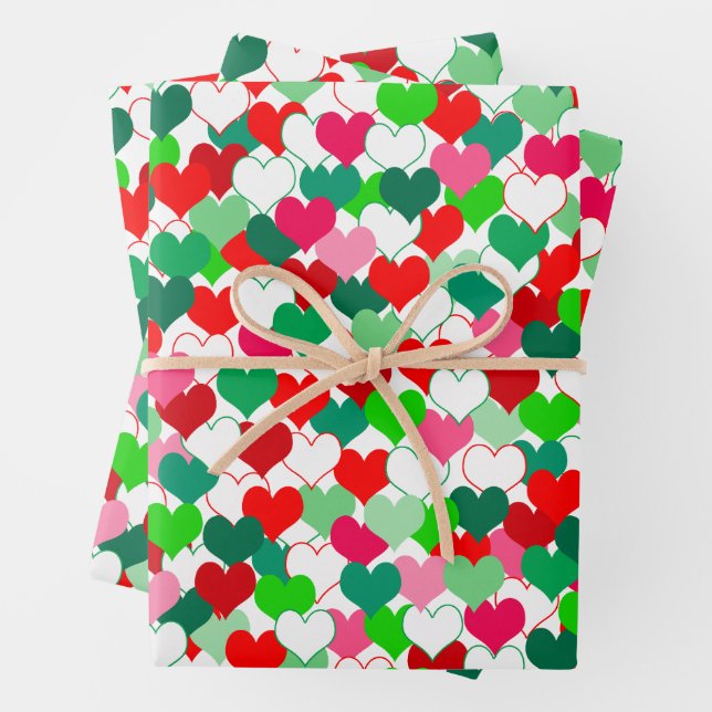 Festive and Colourful Christmas Hearts Wrapping Paper Sheet (In situ)