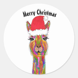 Festive and Colourful Llama Merry Christmas Classic Round Sticker