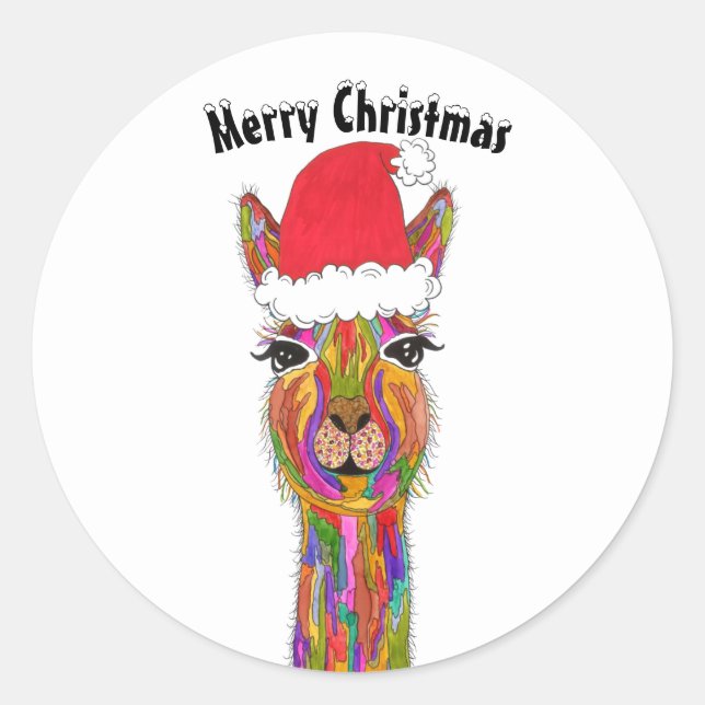 Festive and Colourful Llama Merry Christmas Classic Round Sticker (Front)