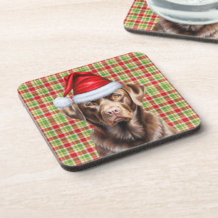 Festive and Cute Chocolate Lab Plaid Christmas Coaster