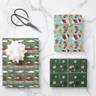 Festive and Cute Green Red Christmas Pattern Wrapping Paper Sheet